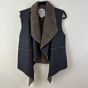 Dylan Textured Black Gray Sleeveless Faux Leather Drape Vest Open Front Large